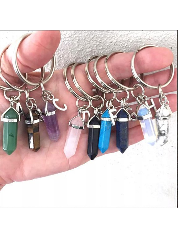 10pc Natural Hexagonal Point Crystal Stone Keychain Reiki Healing Letter Keyring