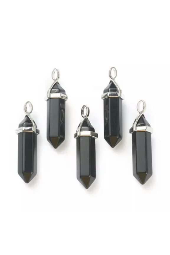 10pcs Bullet Shape Gemstone Pendants Hexagonal Chakra Crystal Pointed 39.5x12mm-Obsidian