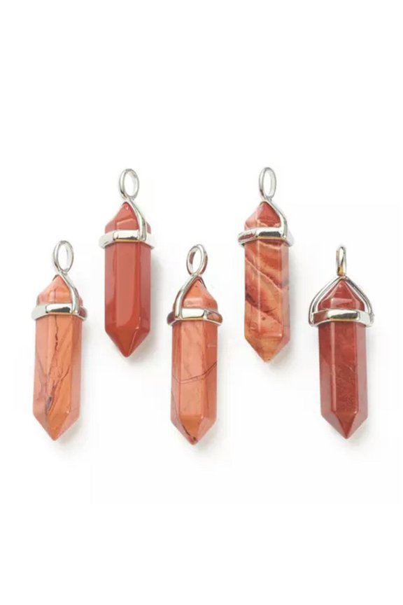 10pcs Bullet Shape Gemstone Pendants Hexagonal Chakra Crystal Pointed 39.5x12mm-Red Line Jasper