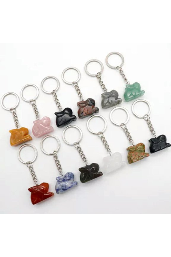 10pcs Gemstone Healing Crystal Reiki Chakra Carved Peace animal Pendant Keychain-1in Rabbit (Random Shipment)