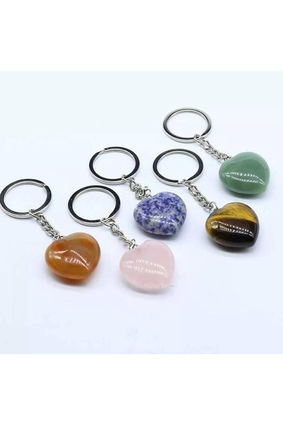 10pcs Gemstone Puffy Love Heart 7 Chakra Healing Keychain Charm Pendant