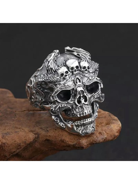 10pcs Gothic Biker Statement Cast Devil Skull Men Ring Adjustable