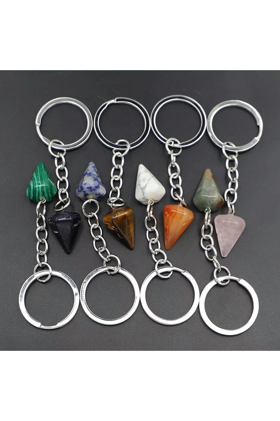 10pcs Hexagon Cone Key Chain Natural Quartz Crystal Point Chain Gemstone Reiki