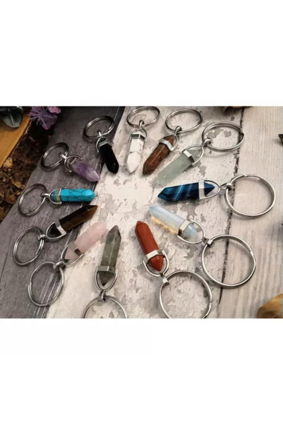 10pcs Natural Carved Point Crystal Stone Keychain Reiki Healing Gemstone Keyring