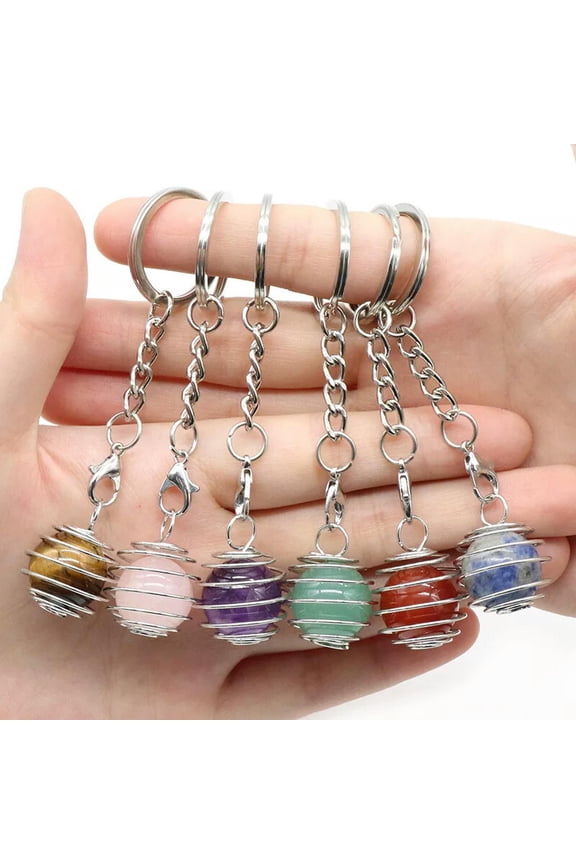 10pcs Natural Stone Quartz Spring Ball Key Chain Natural Crystal Gemstone Reiki