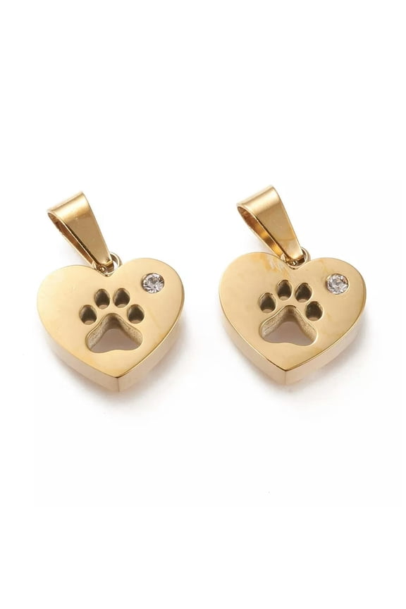 10pcs Stainless Steel Charms Pendants Heart with Dog Paw Printed Golden 14mm