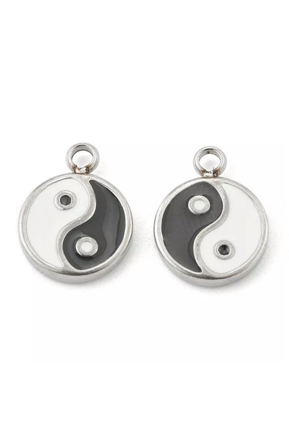 10pcs Stainless Steel Enamel Charms Flat Round with Tai Ji Pattern 13x10x2mm