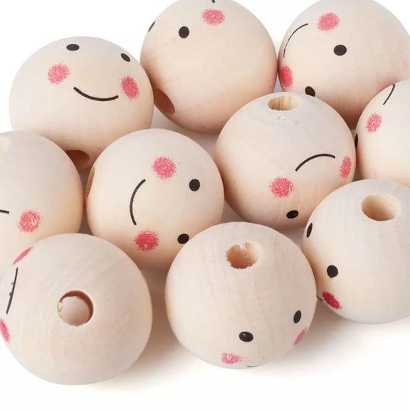 MATROOY 10pcs Wooden Beads 25mm Natural Wood Loose Smile Face Bead Craft Jewelry