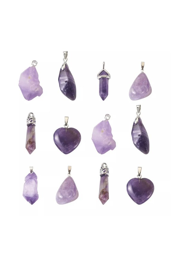 12Pcs 6 Style Natural Amethyst Pendants Nuggets & Bullet & Heart Gemstone