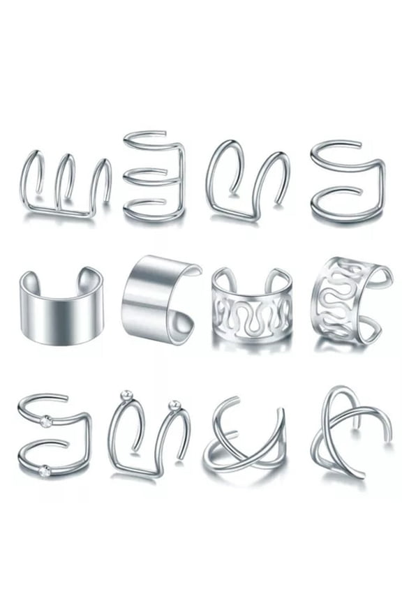 12Pcs Ear Clip Cartilage Helix Ear Cuff No Piercing Earrings Fake Earring Unisex-silver