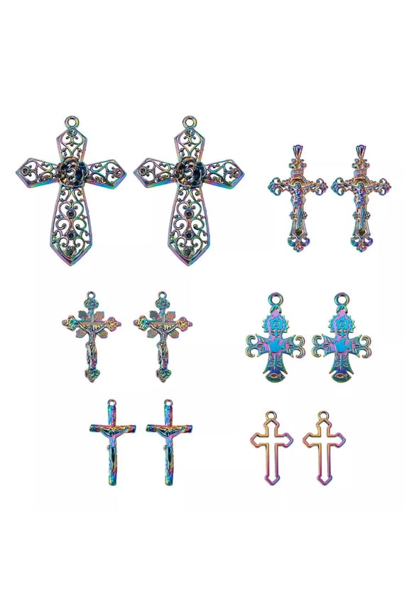 12pcs Multi-Color Alloy Crucifix Cross Pendants Filigree Holy Jesus Cross Charms