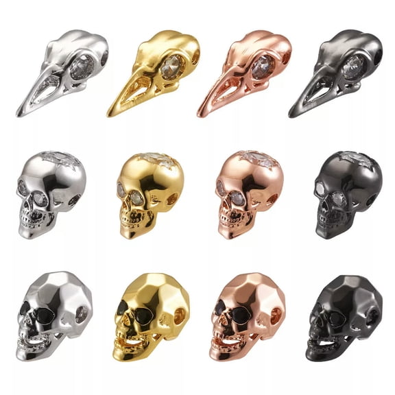 MATROOY 12pcs/box Brass Cubic Zirconia Beads Skull Head & Bird Skull Mixed Color