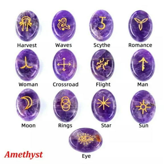 MATROOY 13PCS Crystal Witches Runes Stone Set Engraved Rune Symbol Meditation Divination-Amethyst
