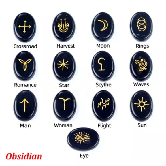 MATROOY 13PCS Crystal Witches Runes Stone Set Engraved Rune Symbol Meditation Divination-Obsidian