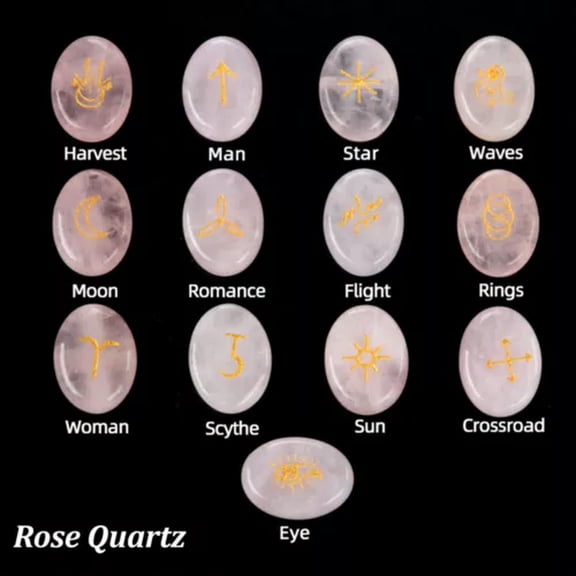 MATROOY 13PCS Crystal Witches Runes Stone Set Engraved Rune Symbol Meditation Divination-Rose Quartz