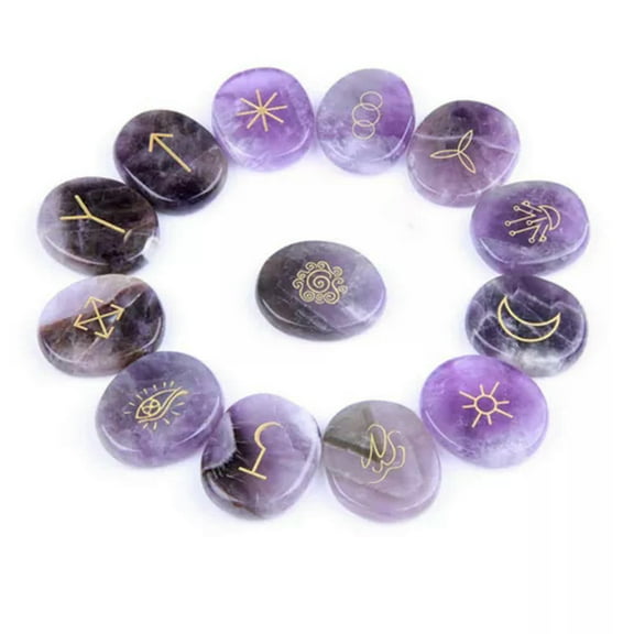 MATROOY 13PCS Engraved Gypsy Symbols Witch Runes Crystal Stone Kit For Yoga Meditation-Amethyst