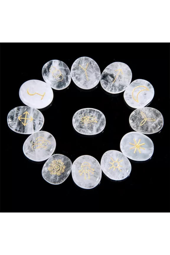 13PCS Engraved Gypsy Symbols Witch Runes Crystal Stone Kit For Yoga Meditation-Clear Quartz