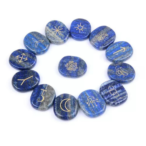 MATROOY 13PCS Engraved Gypsy Symbols Witch Runes Crystal Stone Kit For Yoga Meditation-Lapis Lazuli