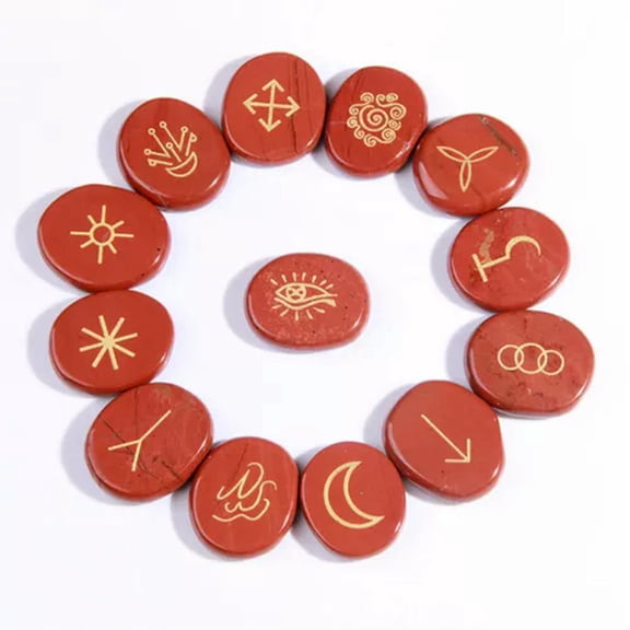 MATROOY 13PCS Engraved Gypsy Symbols Witch Runes Crystal Stone Kit For Yoga Meditation-Red Stone