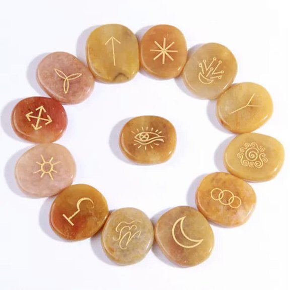 MATROOY 13PCS Engraved Gypsy Symbols Witch Runes Crystal Stone Kit For Yoga Meditation-Topaz
