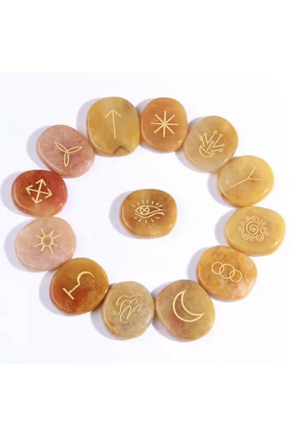 13PCS Engraved Gypsy Symbols Witch Runes Crystal Stone Kit For Yoga Meditation-Topaz