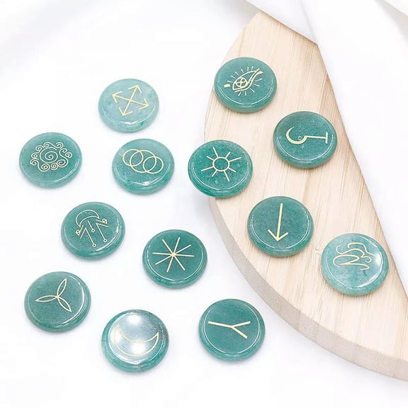 MATROOY 13pcs Natural Green Aventurine Stone Rune Set Symbols Gemstone Healing Runes