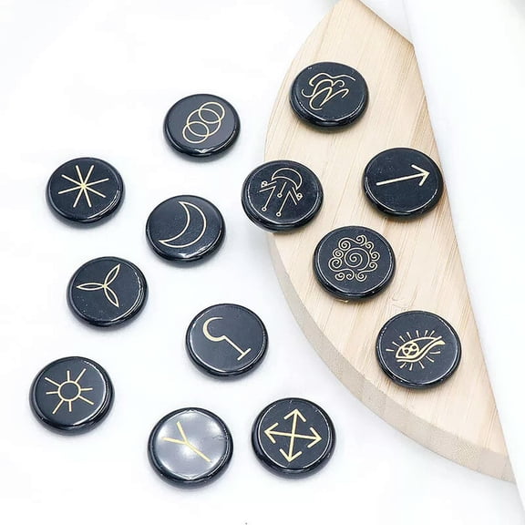 MATROOY 13pcs Natural Obsidian Stone Rune Set Symbols Gemstone Healing Crystal Runes