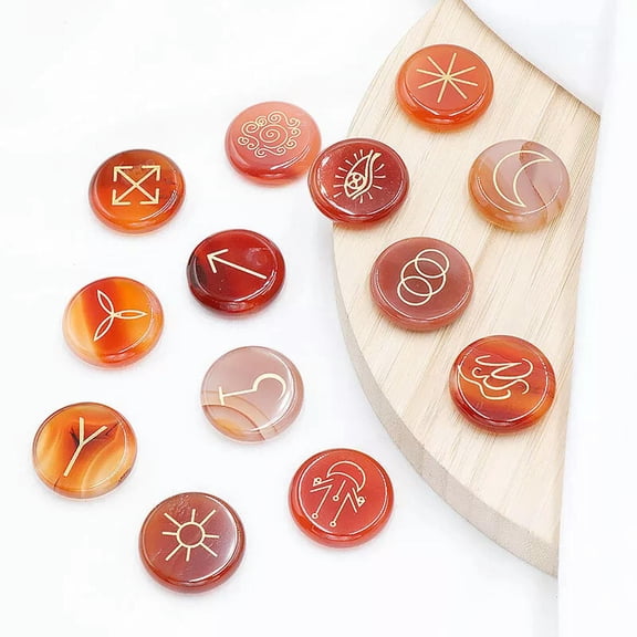 MATROOY 13pcs Natural Red Agate Stone Rune Set Symbols Gemstone Healing Crystal Runes