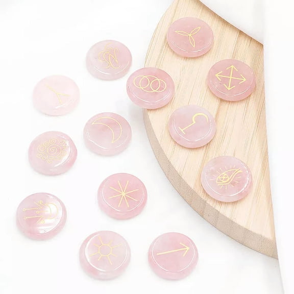MATROOY 13pcs Natural Rose Quartz Stone Rune Set Symbols Gemstone Healing Crystal Runes
