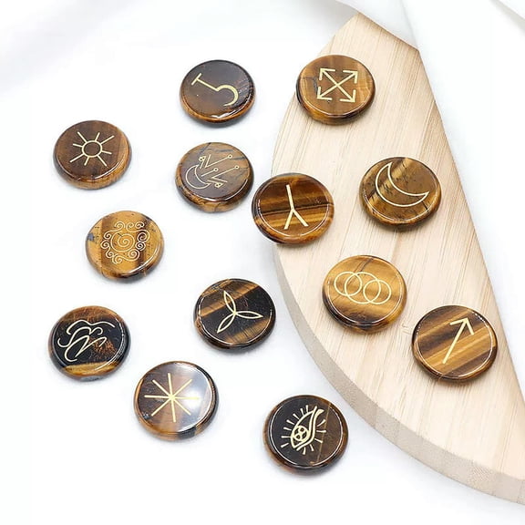 MATROOY 13pcs Natural Tiger Eye Stone Rune Set Symbols Gemstone Healing Crystal Runes