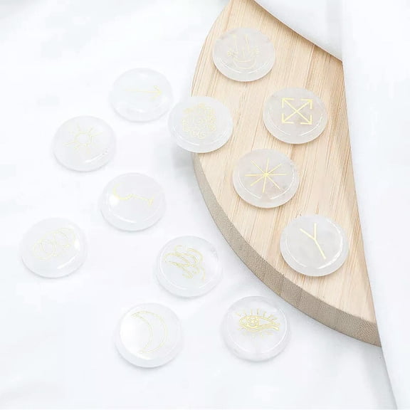 MATROOY 13pcs Natural White Crystal Stone Rune Set Symbols Gemstone Healing Runes