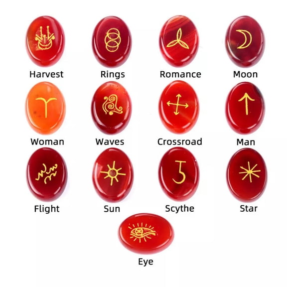 MATROOY 13pcs Red Agate Stone Rune Stones Oval Set Elder Futhark Reiki Healing Gemstone