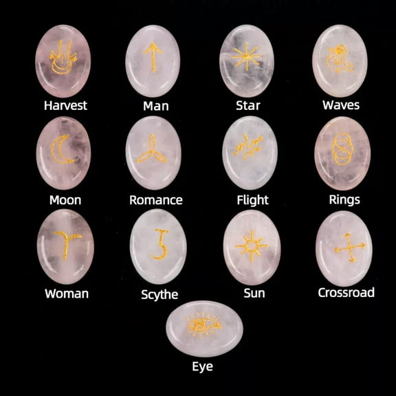 MATROOY 13pcs Rose Quartz Stone Rune Oval Set Elder Futhark Reiki Healing Gemstone