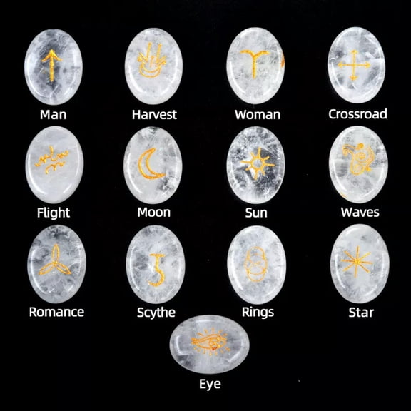 MATROOY 13pcs White Crystal Stone Rune Oval Set Elder Futhark Reiki Healing Gemstone
