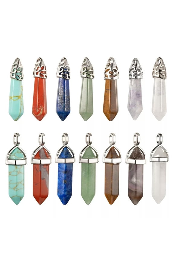 14Pcs Bullet Chakra Gemstone Charms Healing Pointed Crystal Stone Pendants