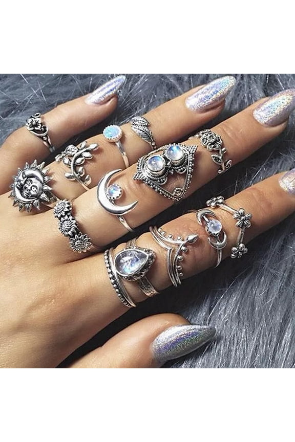 14Pcs/Set Boho Stack Crystal Flower Moon Sun Knuckle Ring Midi Finger RingsSJ~iy