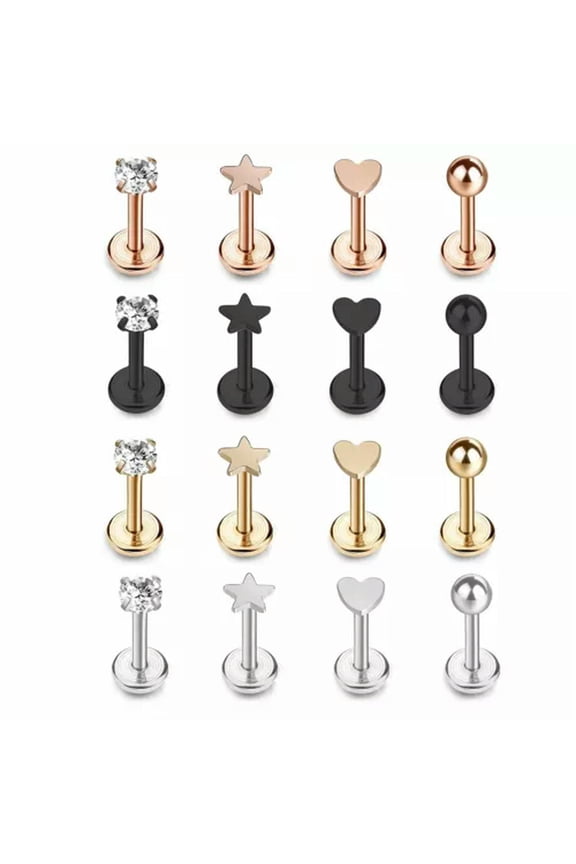 16pcs 316L Stainless Steel CZ Labret Monroe Lip Rings Cartilage Helix Piercing-6mm-16PCS