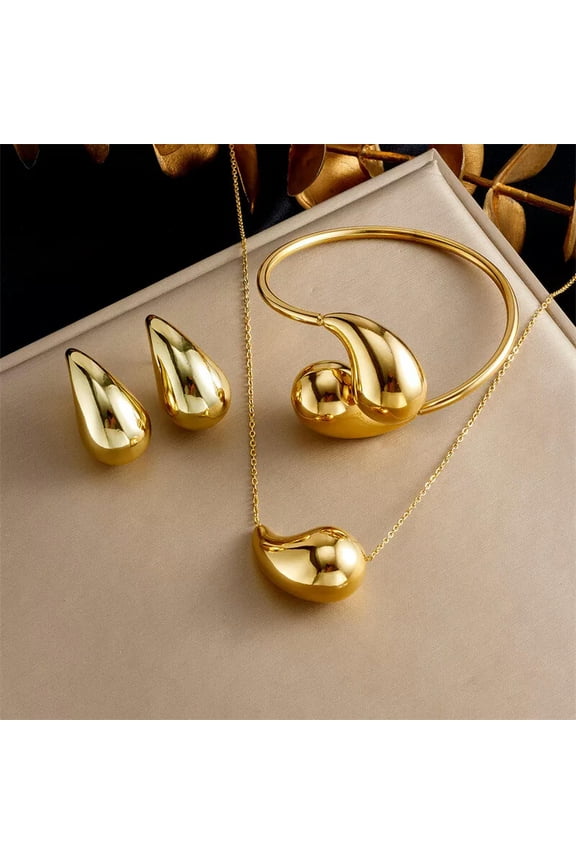 18K Gold Plated Stainless Steel Double Waterdrop Bangle Necklace Earring Sets