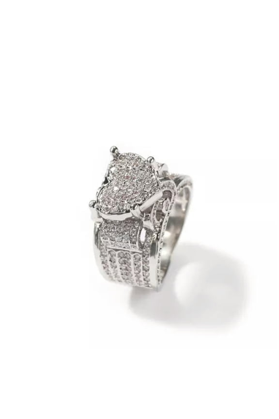 18K Gold Silver Plated Mens Hip Hop Rings Bling ICED AAA+ CZ Heart Brass-Silver-7