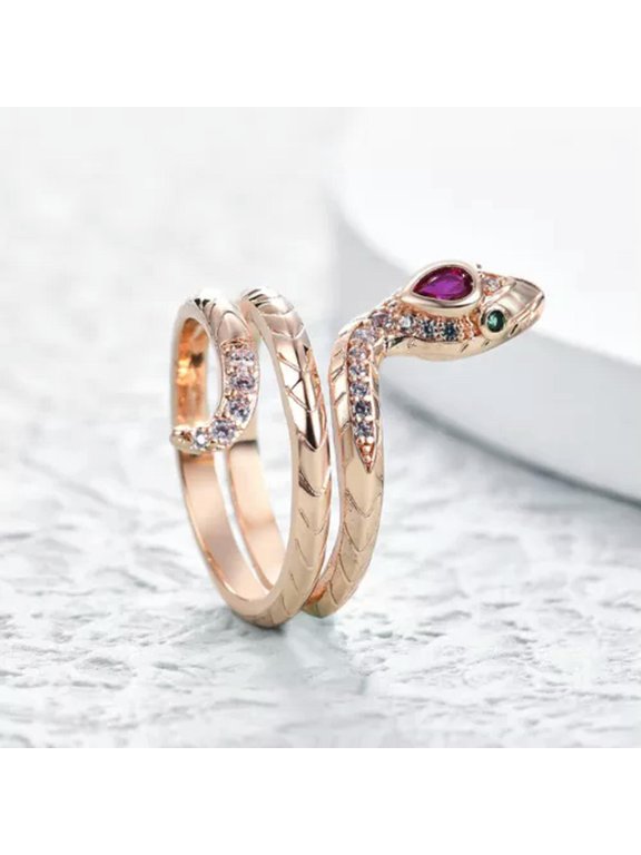18K Rose Gold Plated Crystal Snake Rings Women Fashion Retro Rings Size 6-10-7#