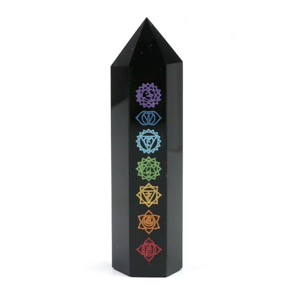 MATROOY 1PC 8-9cm Natural Obsidian Etched Chakra Obelisk Wand Tower Point Healing