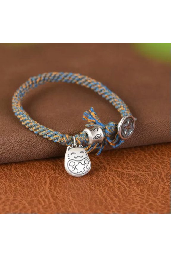 1PC 925 Real Silver Handmade Rope Lucky Cat Charm Women's Handmade Rope Bracelet-Blue