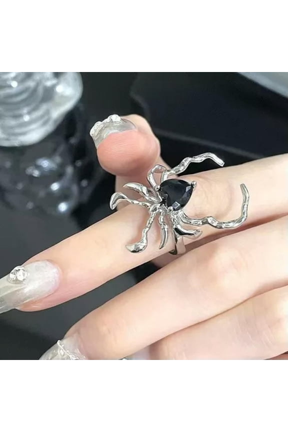 1PC Adjustable Dark Diamond Spider Web Ring Insect Animal Ring Black Open Ring-Big Spider