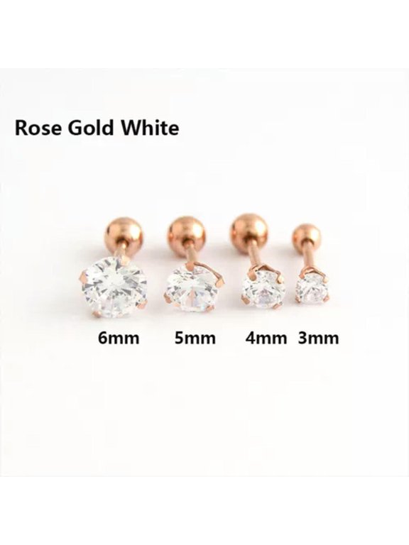 1PC Gem Stainless Steel Earring Stud Cartilage Tragus Bar Helix Upper Earings C-rose gold white-3MM