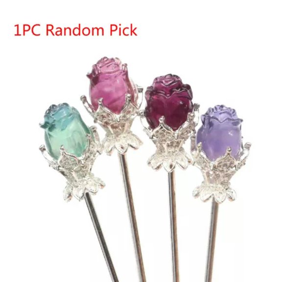 MATROOY 1PC Natural Fluorite Rose Flower Carved Hairpin Quartz Crystal Reiki Healing-Silver（Random Pick）