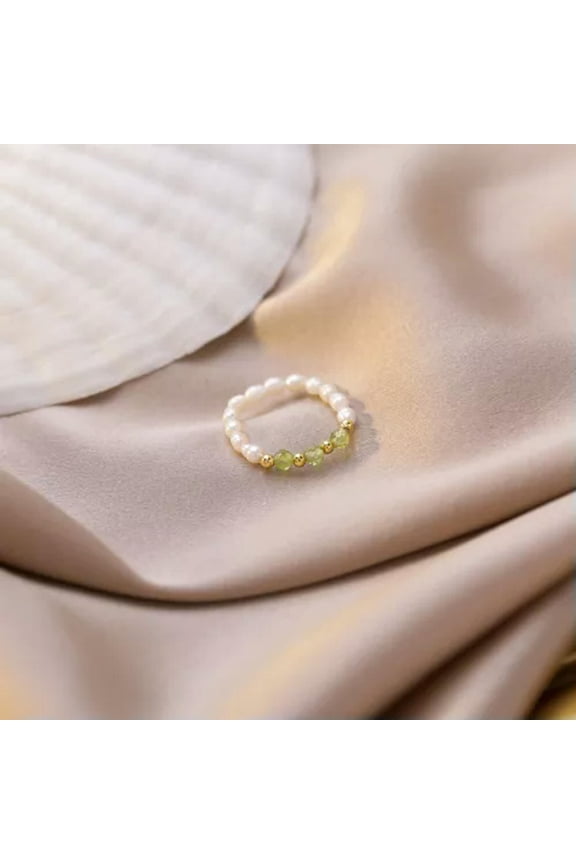 1PC Natural Pearl Adjustable Stretchy Finger Ring Beaded Ring Fashion Jewelry-Green