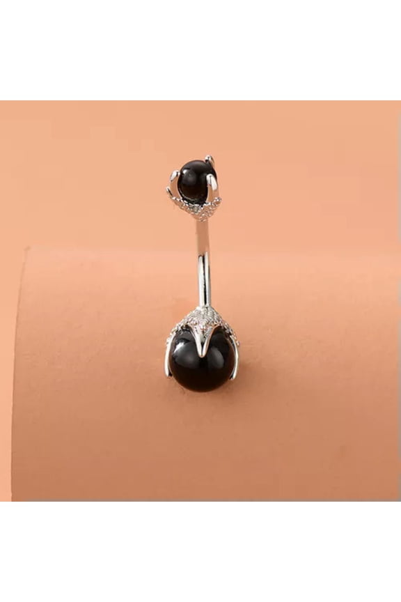 1PC Navel Ring Clawed Stainless Steel Belly Button Ring Clear Body Piercing -Black Silver
