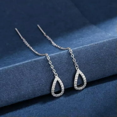 MATROOY 1Pair Drop Ear Line Long Hanging Earrings For Women Rhinestones Threader Ear-Silver-