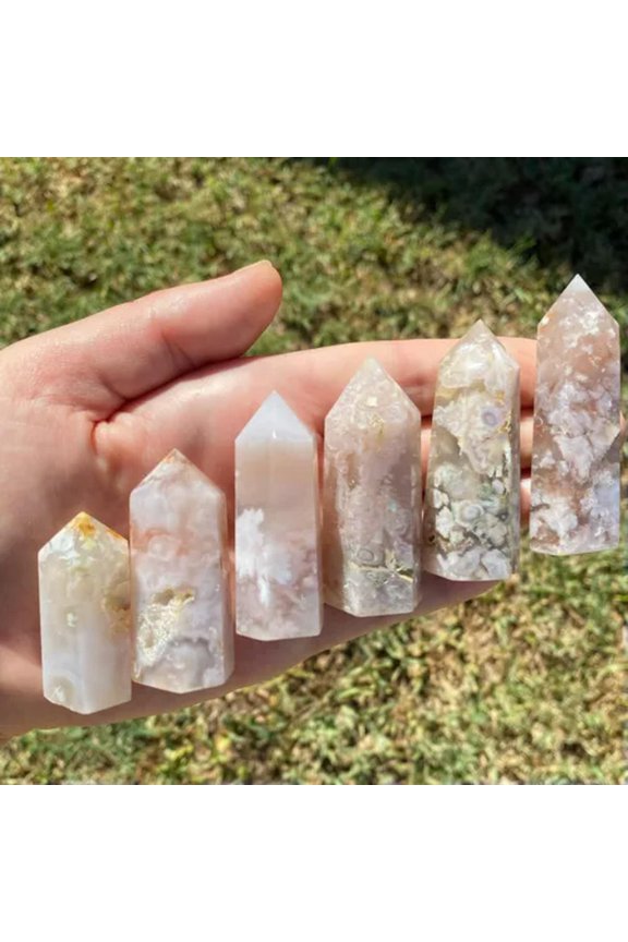 1pc Natural Sakura Agate Obelisk Cherry Blossom Agate Geode Quartz Crystal Point-8~9cm