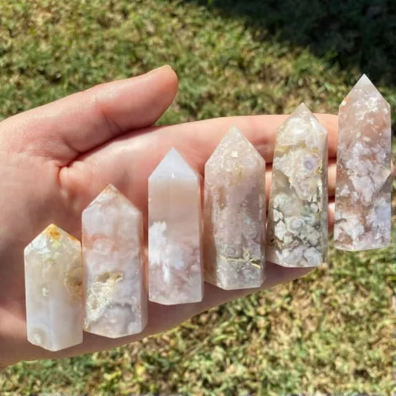 MATROOY 1pc Natural Sakura Agate Obelisk Cherry Blossom Agate Geode Quartz Crystal Point-8~9cm